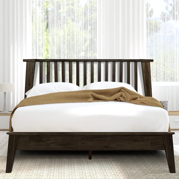 wooden bed, bed frame, platform bed, queen bed, king bed, bedroom furniture, brand awareness, lifestyle, minimalist, calm, trustworthy, brown, neutral
